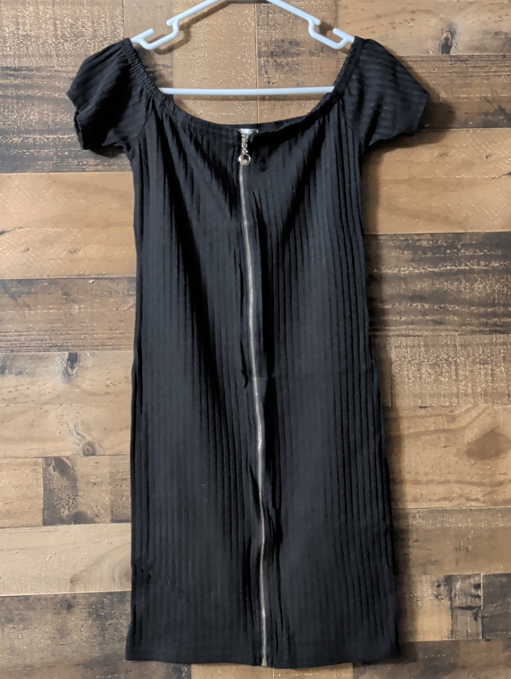 Say What? Black Ribbed Off-Shoulder Zip-Front Midi Dress